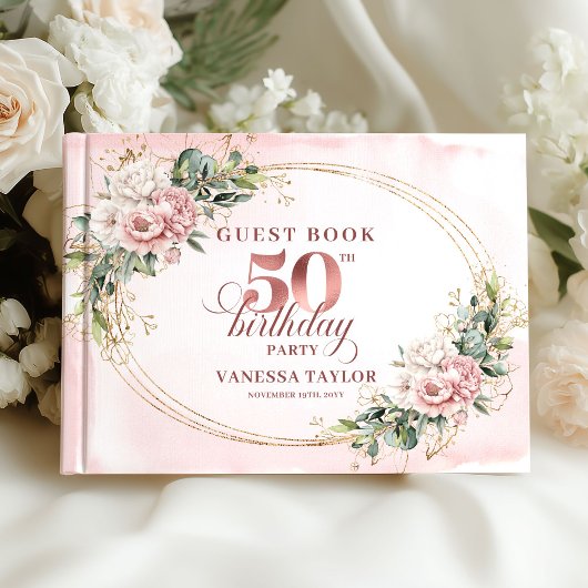 Golden Rose Gold Blush Greenery 50th Birthday  Gastenboek