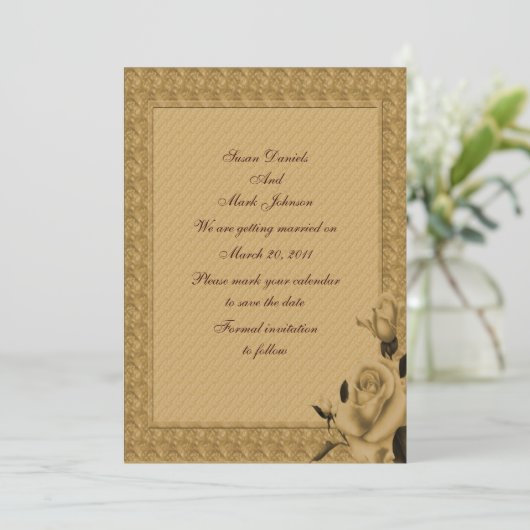 Golden Rosebuds Floral Wedding Save the Date Kaart (Staand voorkant)