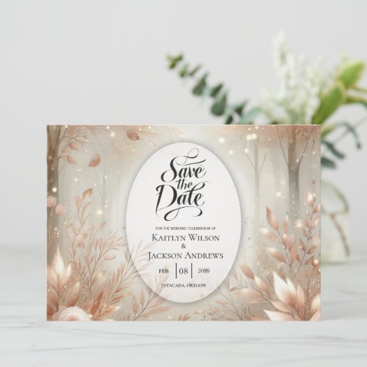 Golden Rosewood Enchanted Forest Wedding Save The Date (Staand voorkant)