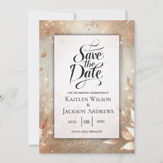 Golden Rosewood Enchanted Forest Wedding Save The Date (Voorkant)