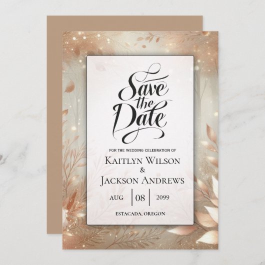Golden Rosewood Enchanted Forest Wedding Save The Date (Voorkant / Achterkant)