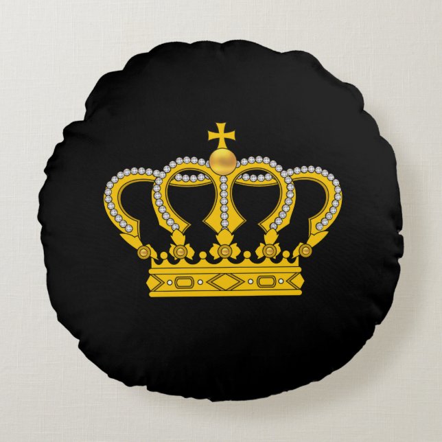 Golden Royal Crown op Black Round Pillow Rond Kussen (Voorkant)