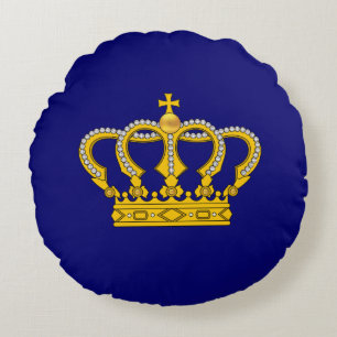 Golden Royal Crown over Royal Blue Round Pillow Rond Kussen