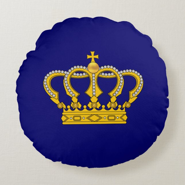 Golden Royal Crown over Royal Blue Round Pillow Rond Kussen (Voorkant)