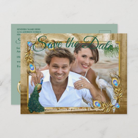 Golden Royal Peacock Feathers Aankondigingskaart (Voorkant / Achterkant)