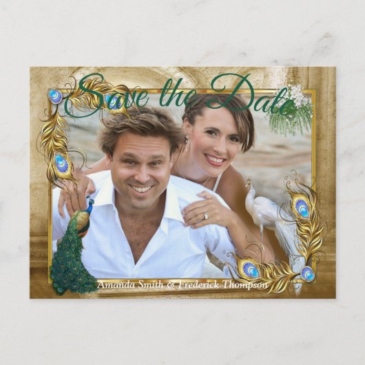 Golden Royal Peacock Feathers Aankondigingskaart (Voorkant)