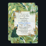 Golden Royal Peacock Feathers Kaart<br><div class="desc">Witte en blauwgroene koninklijke pauwenveren op een tropische planten achtergrond bestrooid met exotische gouden veren voor een bruiloft collectie of als decorontwerp</div>