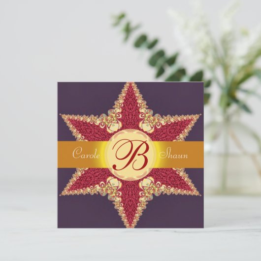 Golden Royal Red Star Monogram Uitnodiging voor he (Staand voorkant)