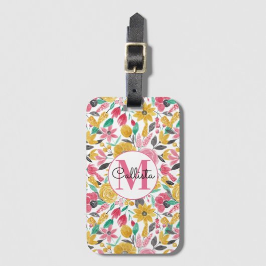 Golden roze bloemen laten Waterverf monogram Bagagelabel (Voorkant (verticaal))