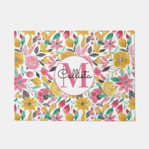 Golden roze bloemen laten Waterverf monogram Deurmat