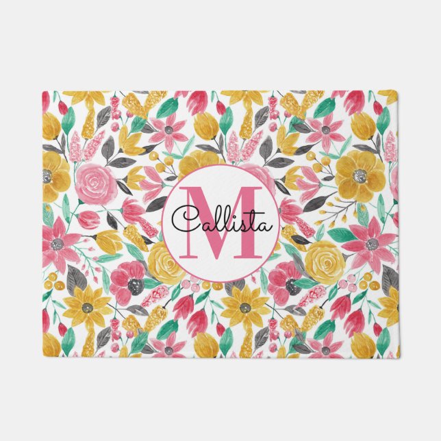 Golden roze bloemen laten Waterverf monogram Deurmat (Voorkant)