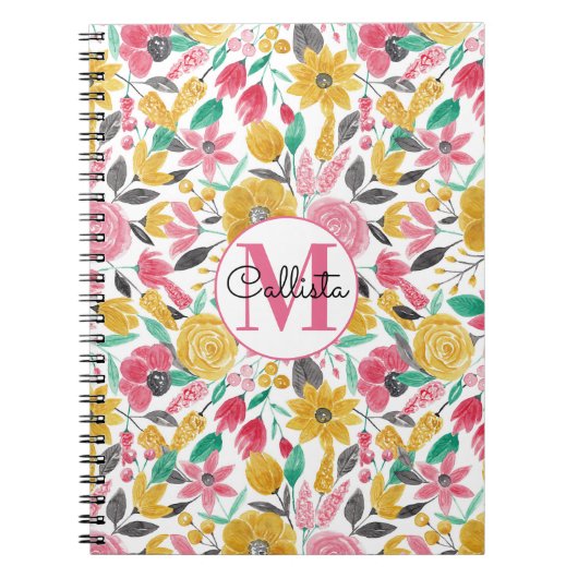 Golden roze bloemen laten Waterverf monogram Notitieboek (Voorkant)