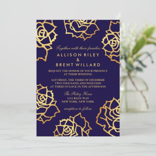 Golden Rozen bruiloft uitnodiging - Blauw (Staand voorkant)