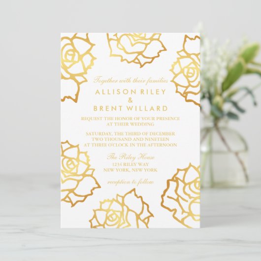Golden Rozen bruiloft uitnodiging - wit (Staand voorkant)