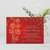 Golden rozen, confetti on red Retirement Party Kaart (Staand voorkant)