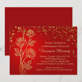 Golden rozen, confetti on red Retirement Party Kaart (Voorkant / Achterkant)