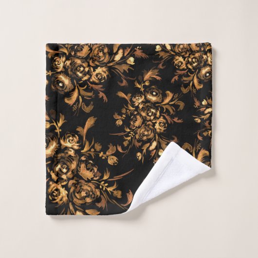 Golden Rozen op Black Floral Pattern Bad Handdoek (Wasdoekje)