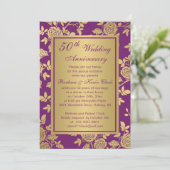 Golden rozen op paars 50ste Jubileum Kaart (Staand voorkant)