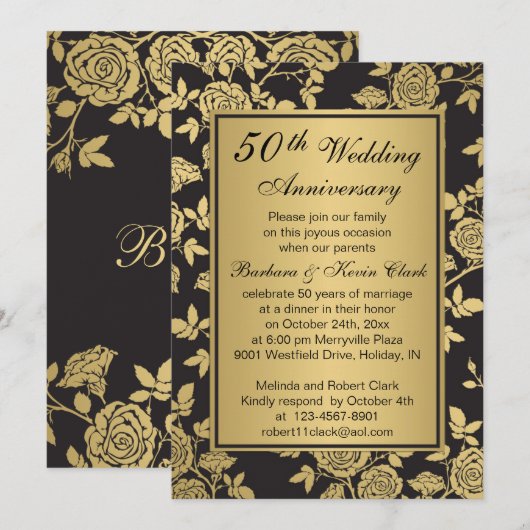 Golden rozen op zwart 50ste Jubileum Kaart (Voorkant / Achterkant)