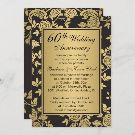 Golden rozen op zwart 60ste Jubileum Kaart (Voorkant / Achterkant)