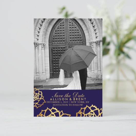 Golden Rozen Save the Date - Blauw (Staand voorkant)