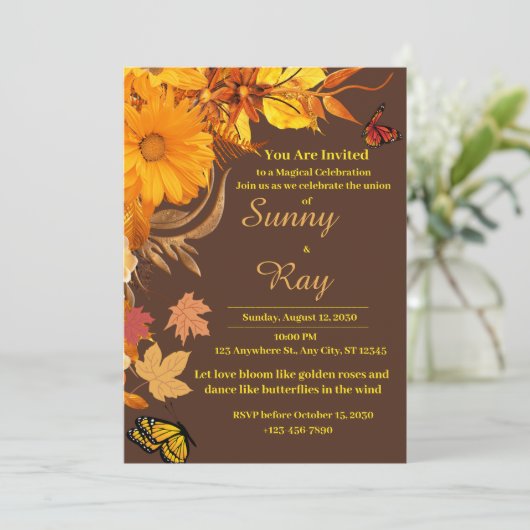 Golden Rozen & vlinders bruiloft Kaart (Staand voorkant)