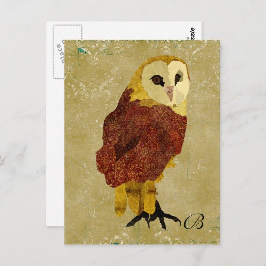  Golden Ruby Owl Monogram Briefkaart (Voorkant / Achterkant)