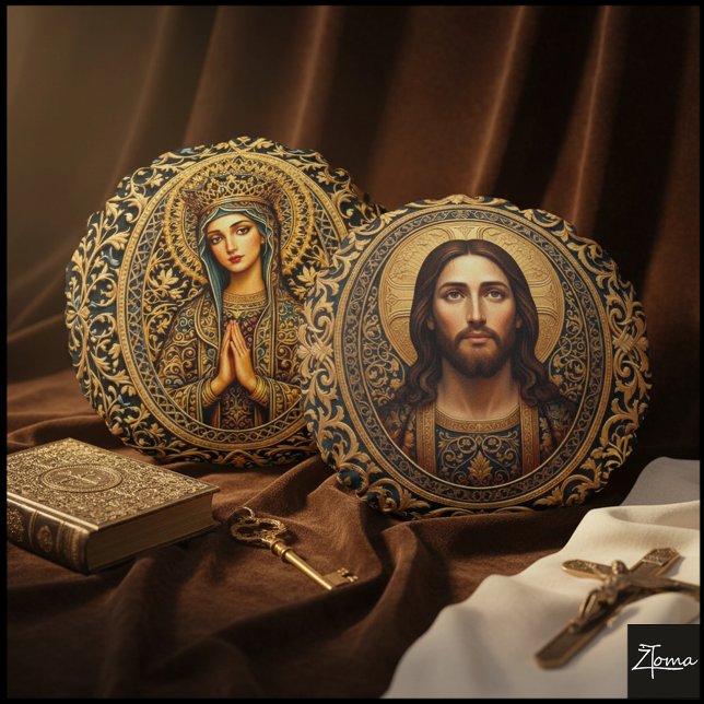 Golden Sacred Icon - Jesus Rond Kussen (Creator heeft geüpload)