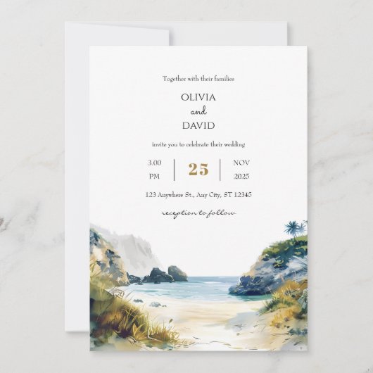 Golden Sand Tropical Palms Beach Cove Art Wedding Kaart (Voorkant)