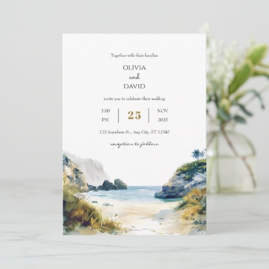 Golden Sand Tropical Palms Beach Cove Art Wedding Kaart (Staand voorkant)