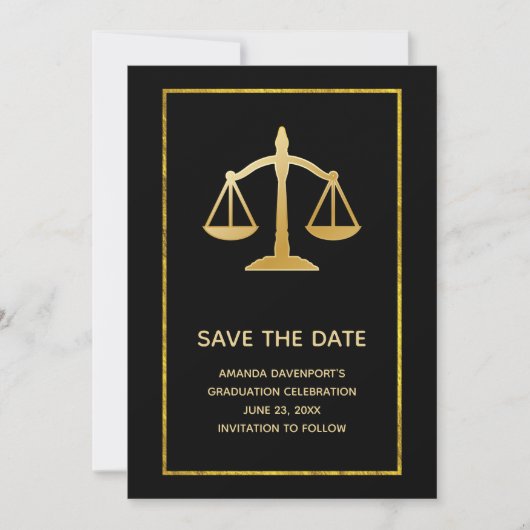 Golden Scales of Justice Law Theme Afstuderen Save The Date (Voorkant)