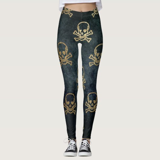 Golden schedel en kruisingen Halloween patroon Leggings (Voorkant)