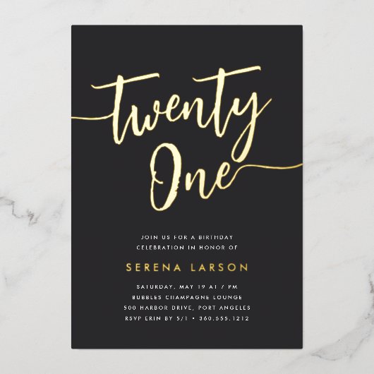 Golden Script 21st Birthday Party Folie Uitnodiging (Voorkant)