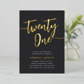 Golden Script 21st Birthday Party Folie Uitnodiging (Staand Voorkant)
