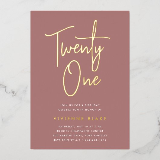 Golden Script 21st Birthday Party Folie Uitnodiging (Voorkant)