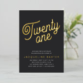 Golden Script 21st Birthday Party Folie Uitnodiging (Staand Voorkant)