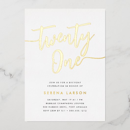Golden Script 21st Birthday Party Folie Uitnodiging (Voorkant)