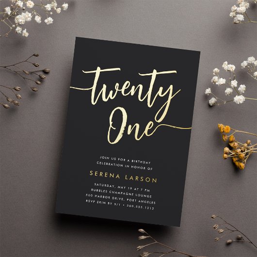 Golden Script 21st Birthday Party Folie Uitnodiging