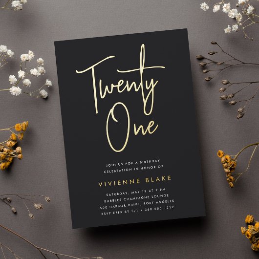 Golden Script 21st Birthday Party Folie Uitnodiging