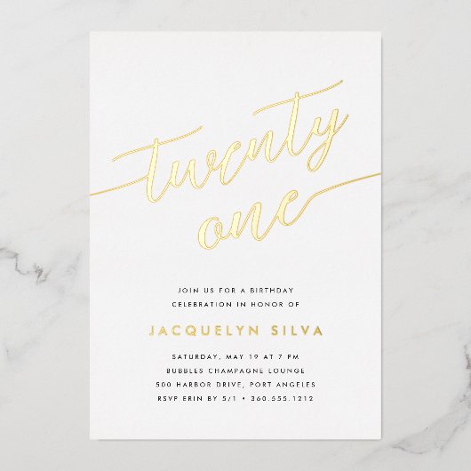 Golden Script 21st Birthday Party Folie Uitnodiging (Voorkant)