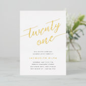 Golden Script 21st Birthday Party Folie Uitnodiging (Staand Voorkant)