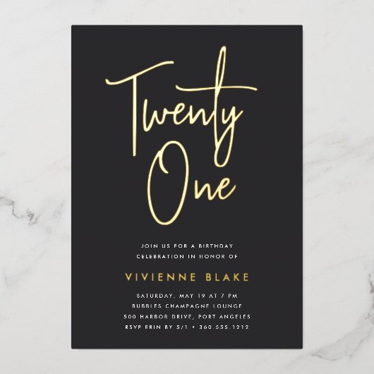 Golden Script 21st Birthday Party Folie Uitnodiging (Voorkant)