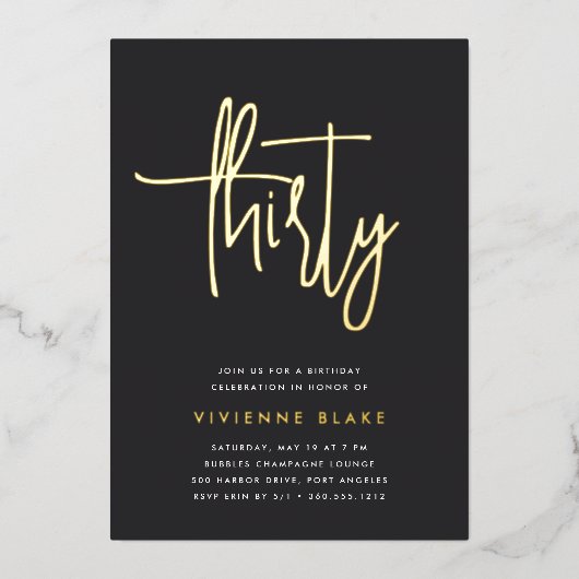 Golden Script 30th Birthday Party Folie Uitnodiging (Voorkant)