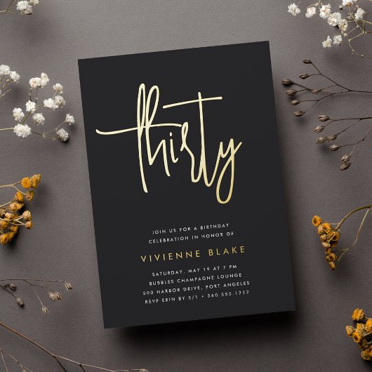 Golden Script 30th Birthday Party Folie Uitnodiging