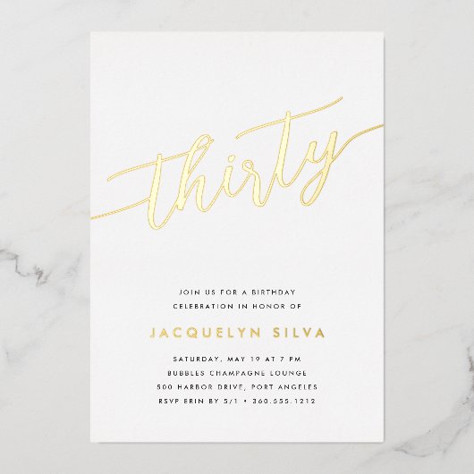 Golden Script 30th Birthday Party Folie Uitnodiging (Voorkant)