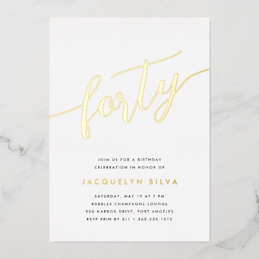 Golden Script 40th Birthday Party Folie Uitnodiging (Voorkant)