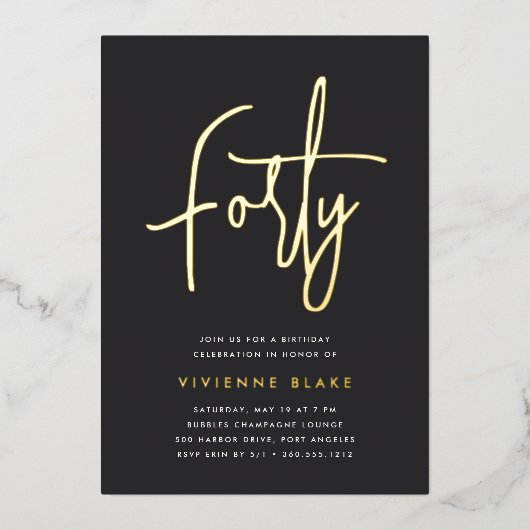 Golden Script 40th Birthday Party Folie Uitnodiging (Voorkant)