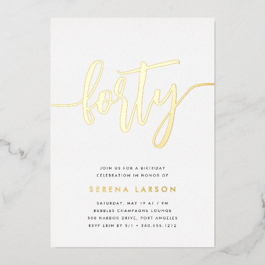 Golden Script 40th Birthday Party Folie Uitnodiging (Voorkant)