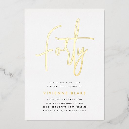 Golden Script 40th Birthday Party Folie Uitnodiging (Voorkant)