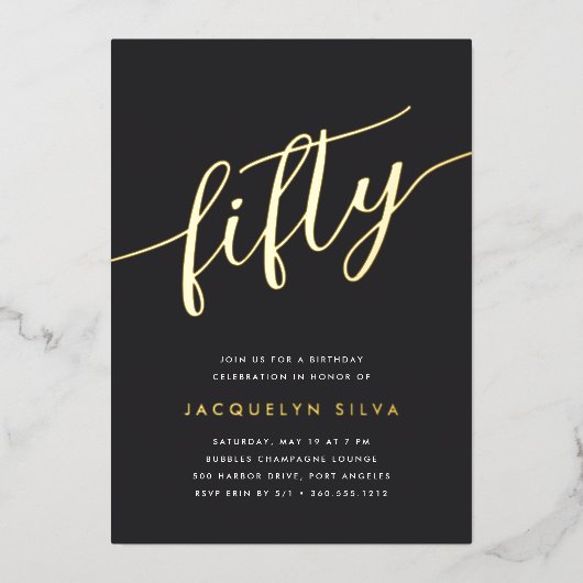 Golden Script 50th Birthday Party Folie Uitnodiging (Voorkant)